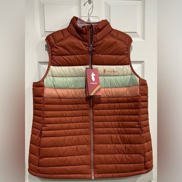 Cotopaxi Women’s 1X Fuego Down Insulated Puff Vest Faded Brick Stripes Rust NWT - Picture 1 of 16